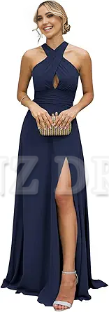 Wholesa A Line Halter Chiffon formal dresses Bridesmaid Dresses evening gown Prom Dress with Slit