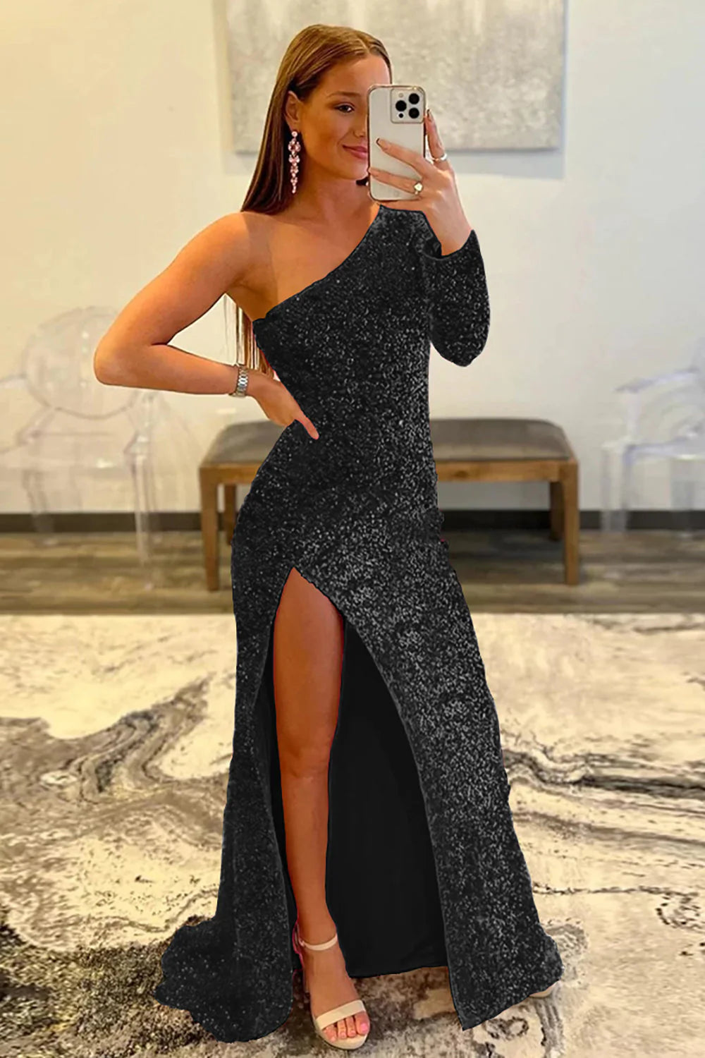 Wholesa Mermaid One-shoulder Sequined Prom Dress with Slit