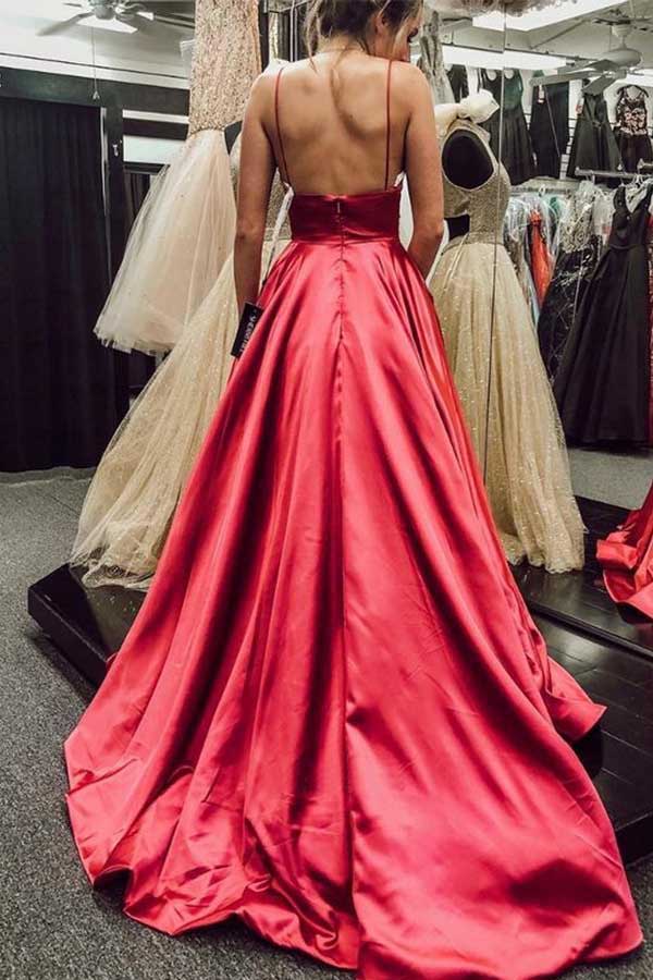 Wholesa Spaghetti Straps Backless Prom Dresses Pockets Long Evening Gowns