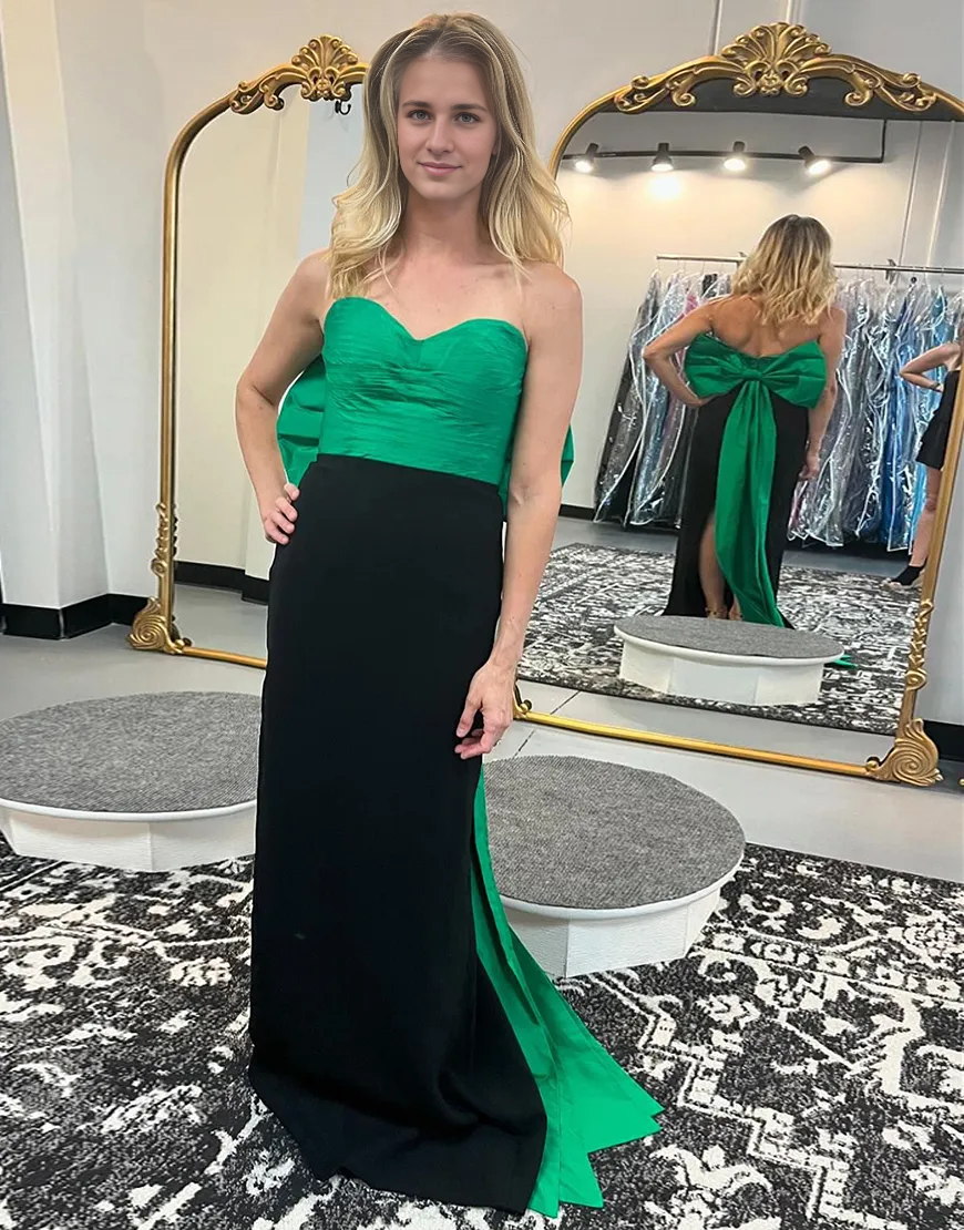 Wholesa Mermaid Strapless Black Green Long formal dresses Bridesmaid Dresses evening gown Prom Dress with Green Bow