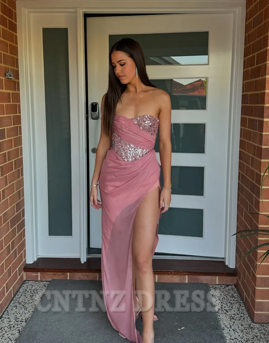 Wholesa Mermaid Sparkly Strapless Sequined Top Corset Pink Long formal dresses evening gown Prom Dress with Slit