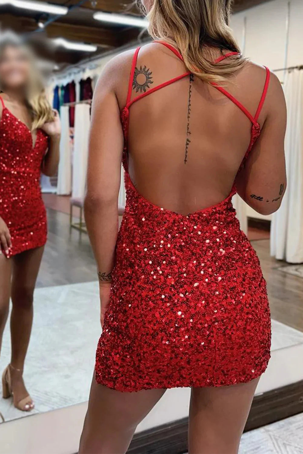 Wholesa Sparkly Sequins Backless Tight Short Party Dress with Slit