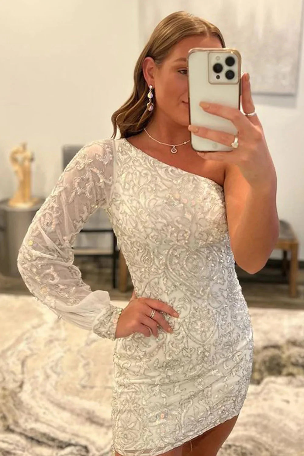 Wholesa A-line One Shoulder Long Sleeve Sequins Embroidered Homecoming Dress