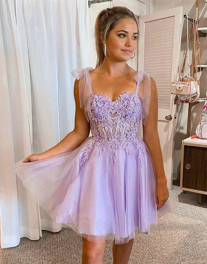 Wholesa A-Line Tie Straps Short formal dresses Bridesmaid Dresses evening gown Prom Dress Homecoming Dress With Appliques