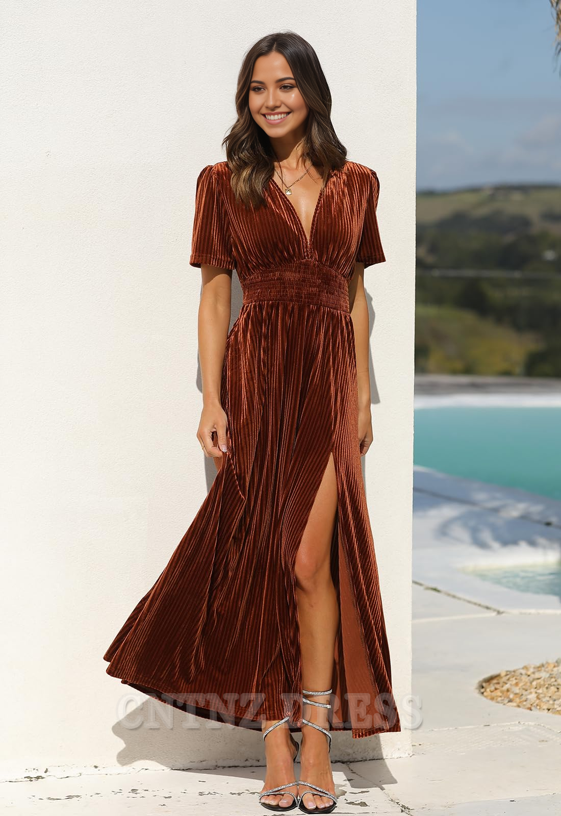 Wholesa A-line V-Neck Short Sleeve formal dresses Bridesmaid Dresses evening gown Prom Dress