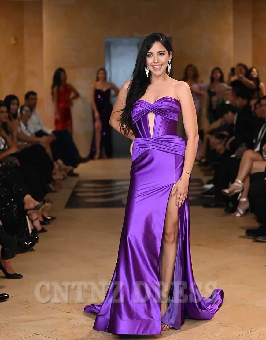 Wholesa Mermaid Strapless Ruched Satin Long Fuchsia formal dresses evening gown Prom Dress with Slit