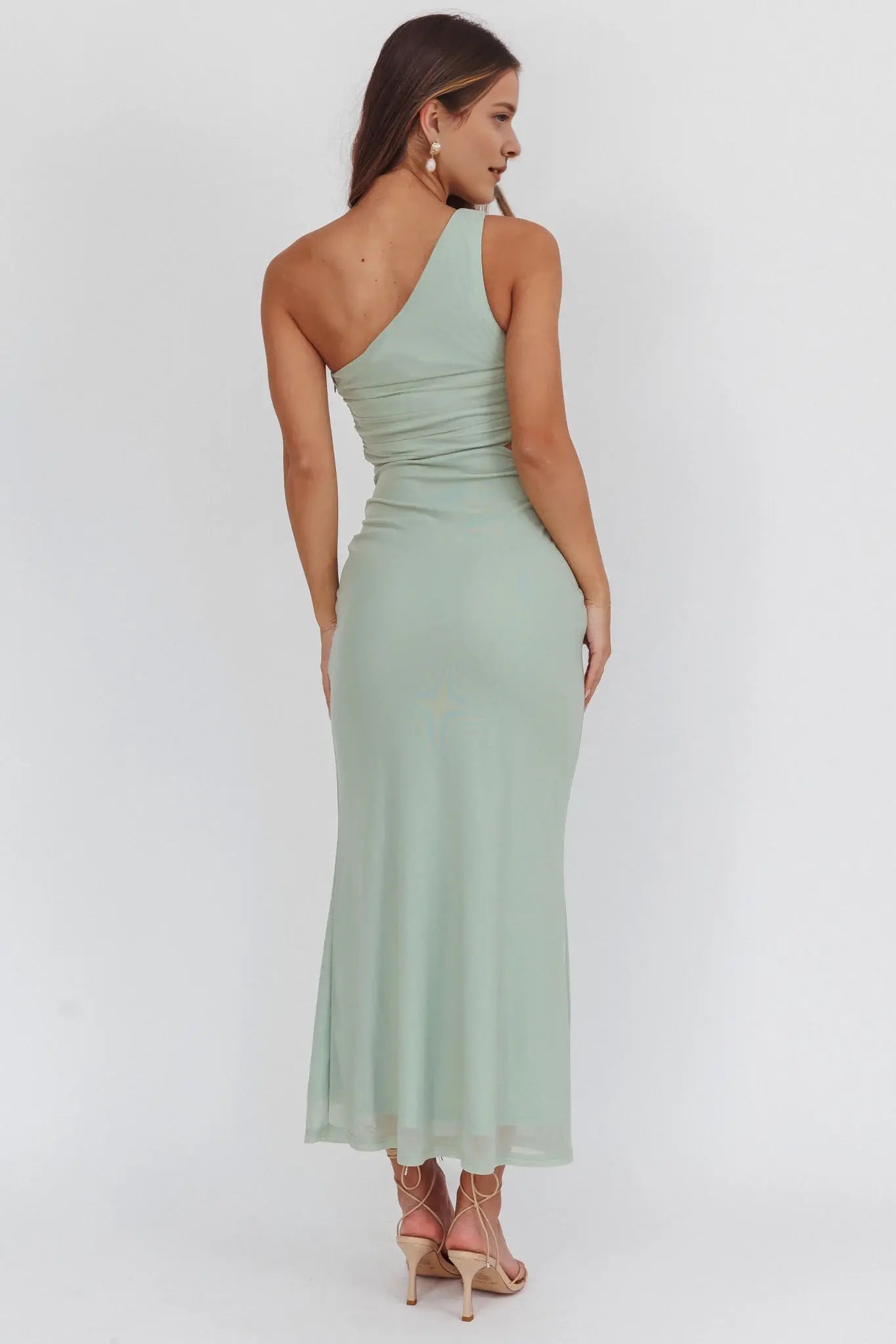 Exquisite Mermaid One-Shoulder Sleeveless Knot Cut-Out Sage Affordable Long Wedding Guest Dress Hot Sale Prom Dress