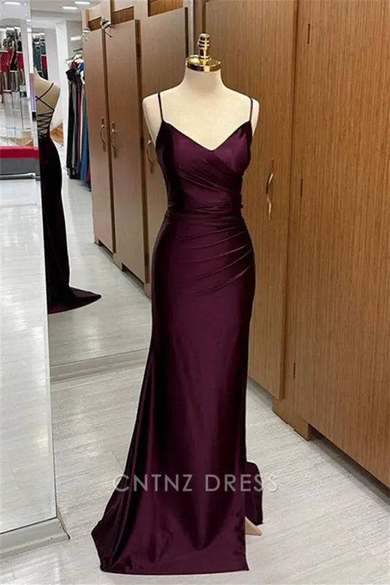Wholesa Mermaid V Neck Lace-Up Back Pleated Long formal dresses Bridesmaid Dresses evening gown Prom Dress with Slit
