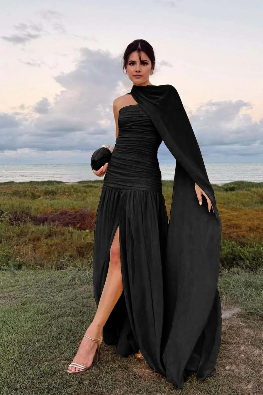 Chiffon Sheath Strapless Sleeveless Pleated With Slit With Scarf Chic Evening Gowns Exquisite Long Prom Dress