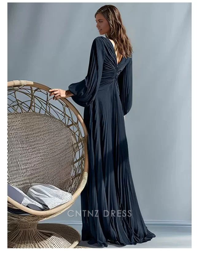 Wholesa A-Line V-Neck Long Sleeves Pleated Floor-Length Guest Dresses For Wedding Mother of the Bride Dresse