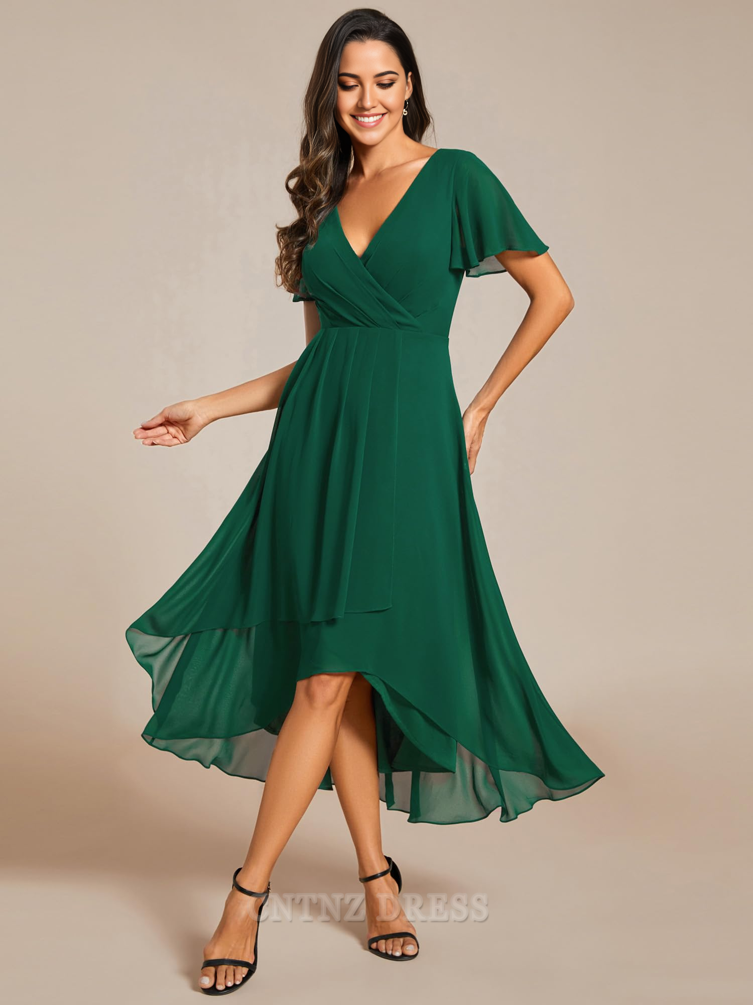 Wholesa A Line V Neck Ruffle Sleeves Pleated High Low formal dresses Bridesmaid Dresses evening gown Prom Dress
