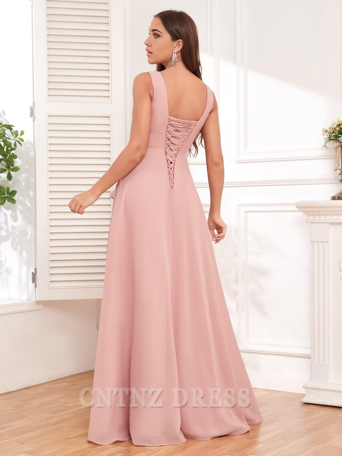 Wholesa A-line V Neck Ruffle Chiffon Long formal dresses Bridesmaid Dresses evening gown Prom Dress with Slit