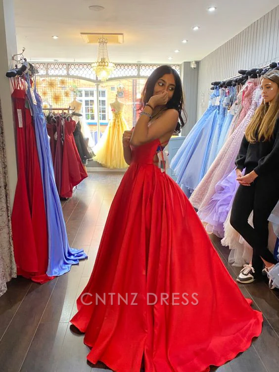 Wholesa A-line Spaghetti Straps Satin Red formal dresses Bridesmaid Dresses evening gown Prom Dress