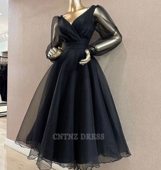 Wholesa A Line V Neckline Long Sleeves Black Tulle formal dresses Bridesmaid Dresses evening gown Prom Dress