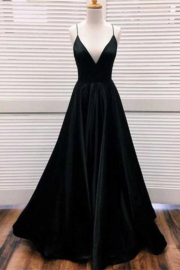 Wholesa A-line V-neck Spaghetti Straps Satin Long Prom Dresses