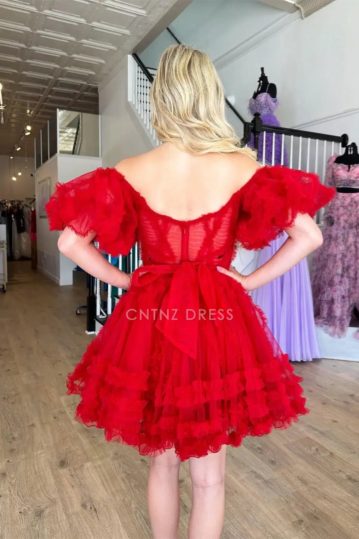 CNTNZ DRESS Hot Sale Homecoming Dress Elegant Red A Line Off-the-Shoulder Puff Sleeves Tulle Ruffle-Layers Fashion Short Dress