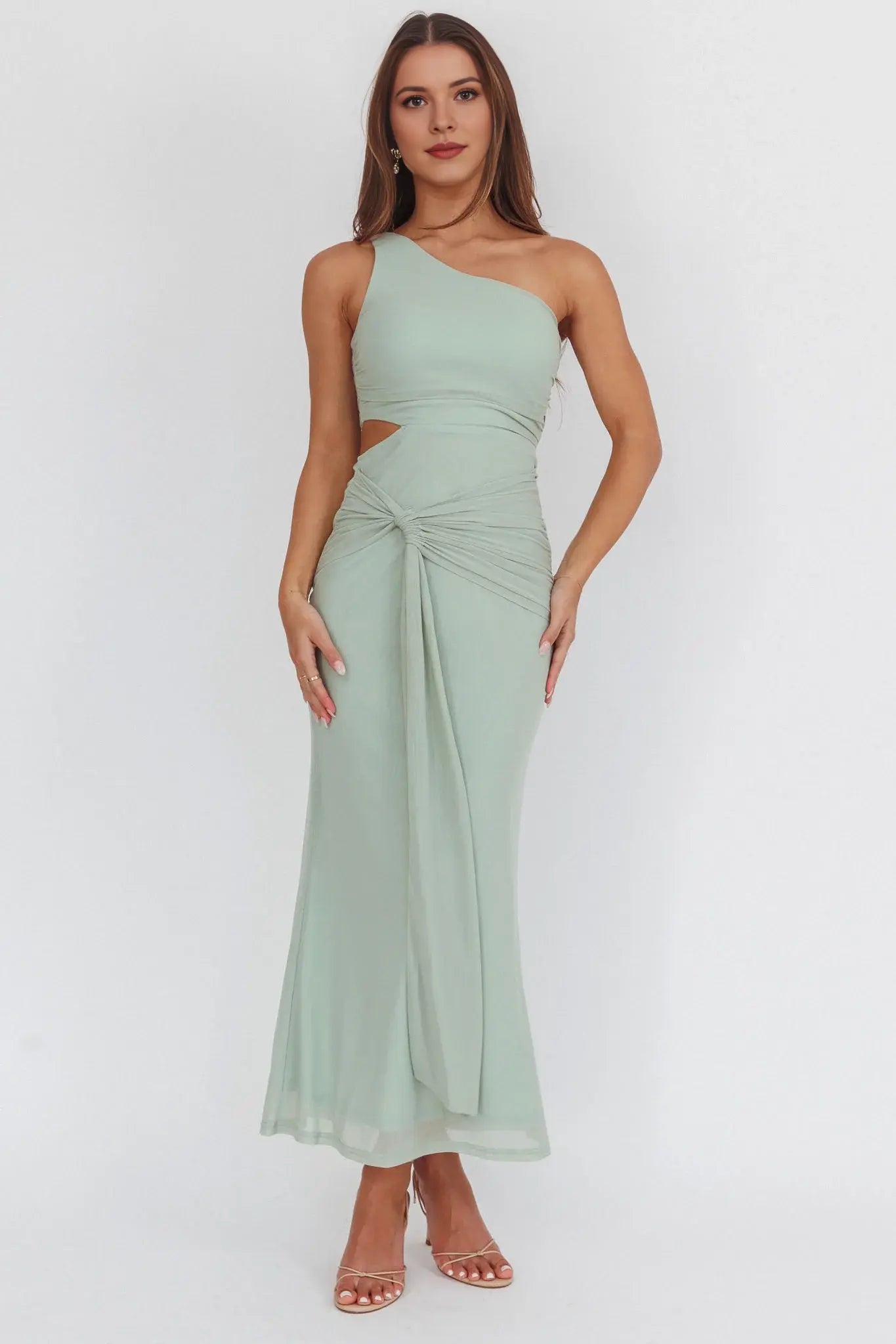 Exquisite Mermaid One-Shoulder Sleeveless Knot Cut-Out Sage Affordable Long Wedding Guest Dress Hot Sale Prom Dress