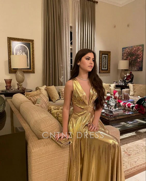 Wholesa A Line Deep V Neck Fashion Gold Long formal dresses Bridesmaid Dresses evening gown Prom Dress