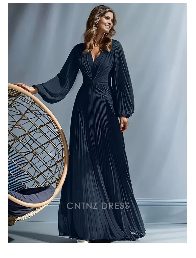 Wholesa A-Line V-Neck Long Sleeves Pleated Floor-Length Guest Dresses For Wedding Mother of the Bride Dresse