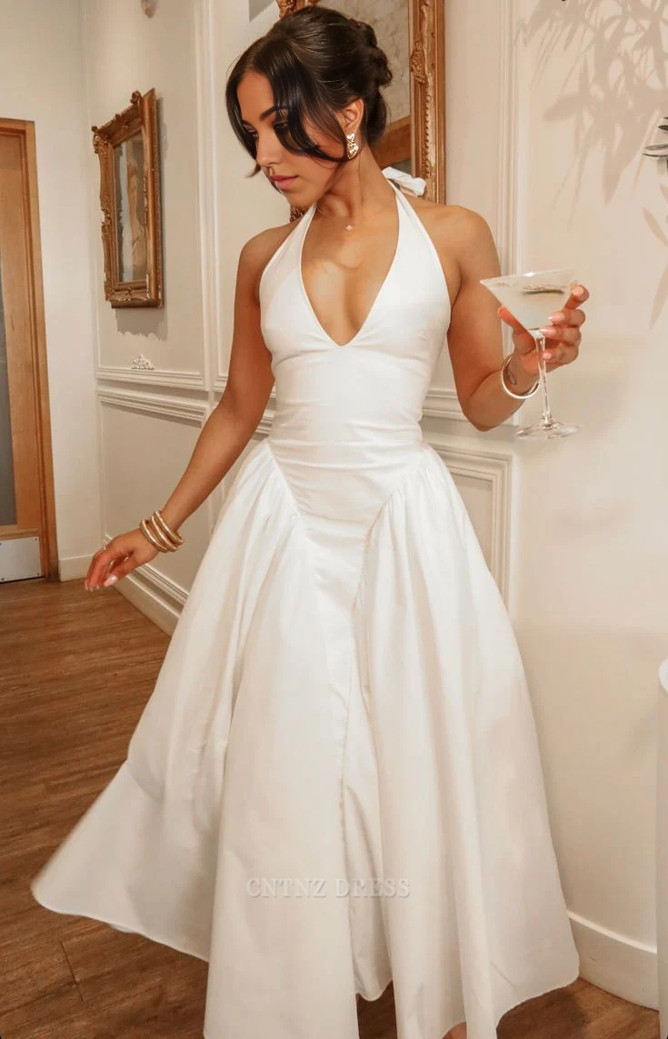 Wholesa A line Halter Vintage White Satin Ankle Length formal dresses Bridesmaid Dresses evening gown Prom Dress