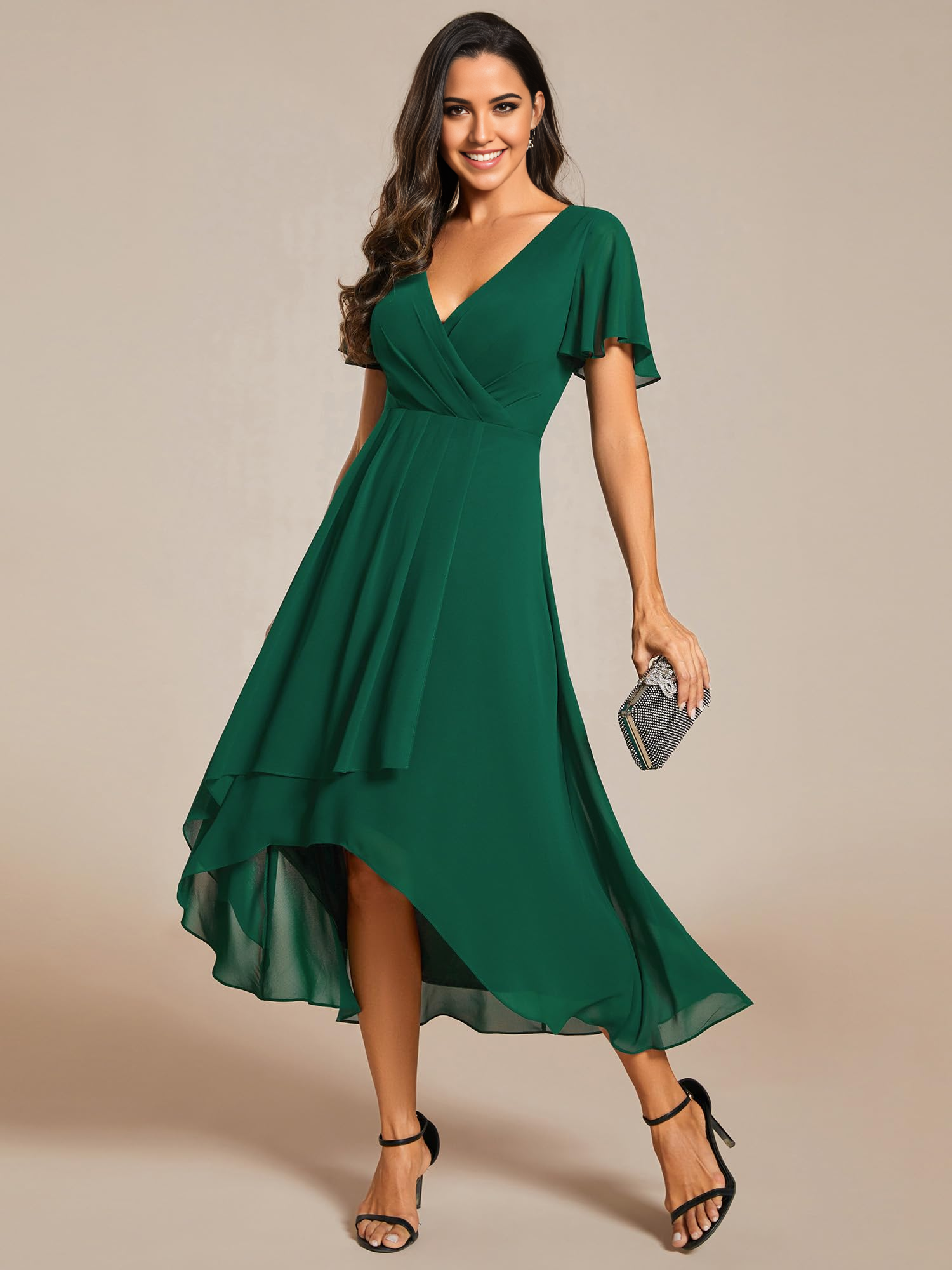 Wholesa A Line V Neck Ruffle Sleeves Pleated High Low formal dresses Bridesmaid Dresses evening gown Prom Dress