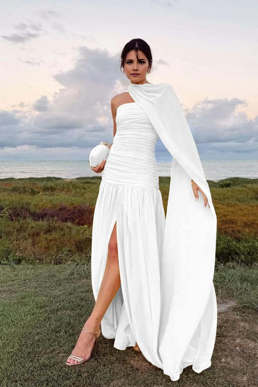 Chiffon Sheath Strapless Sleeveless Pleated With Slit With Scarf Chic Evening Gowns Exquisite Long Prom Dress