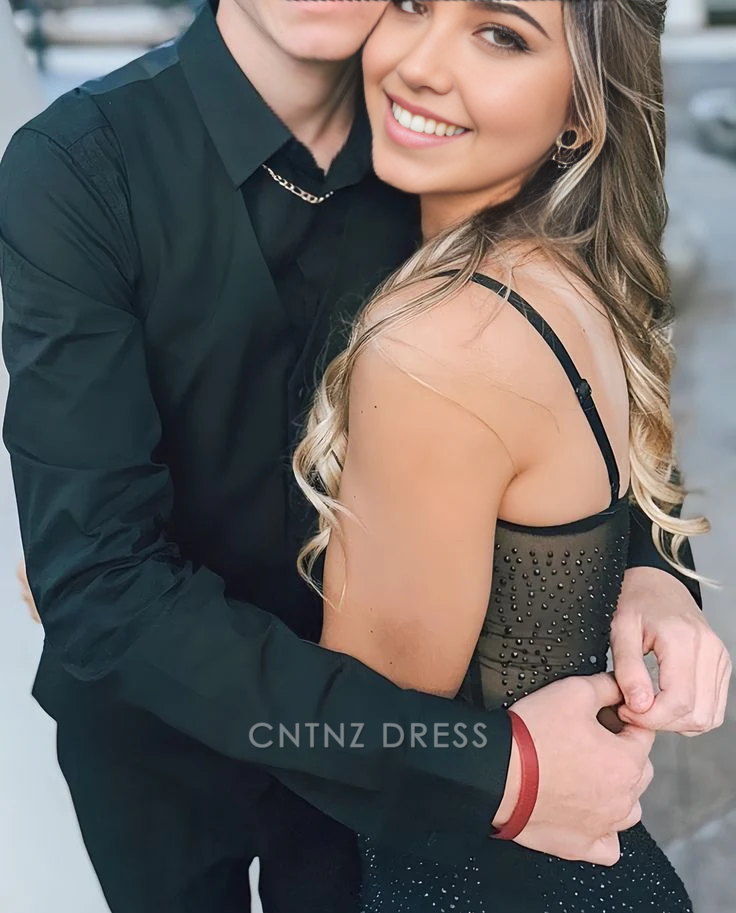 Wholesa Mermaid Spaghetti Straps Sexy Black Tulle Beaded Slit formal dresses Bridesmaid Dresses evening gown Prom Dress