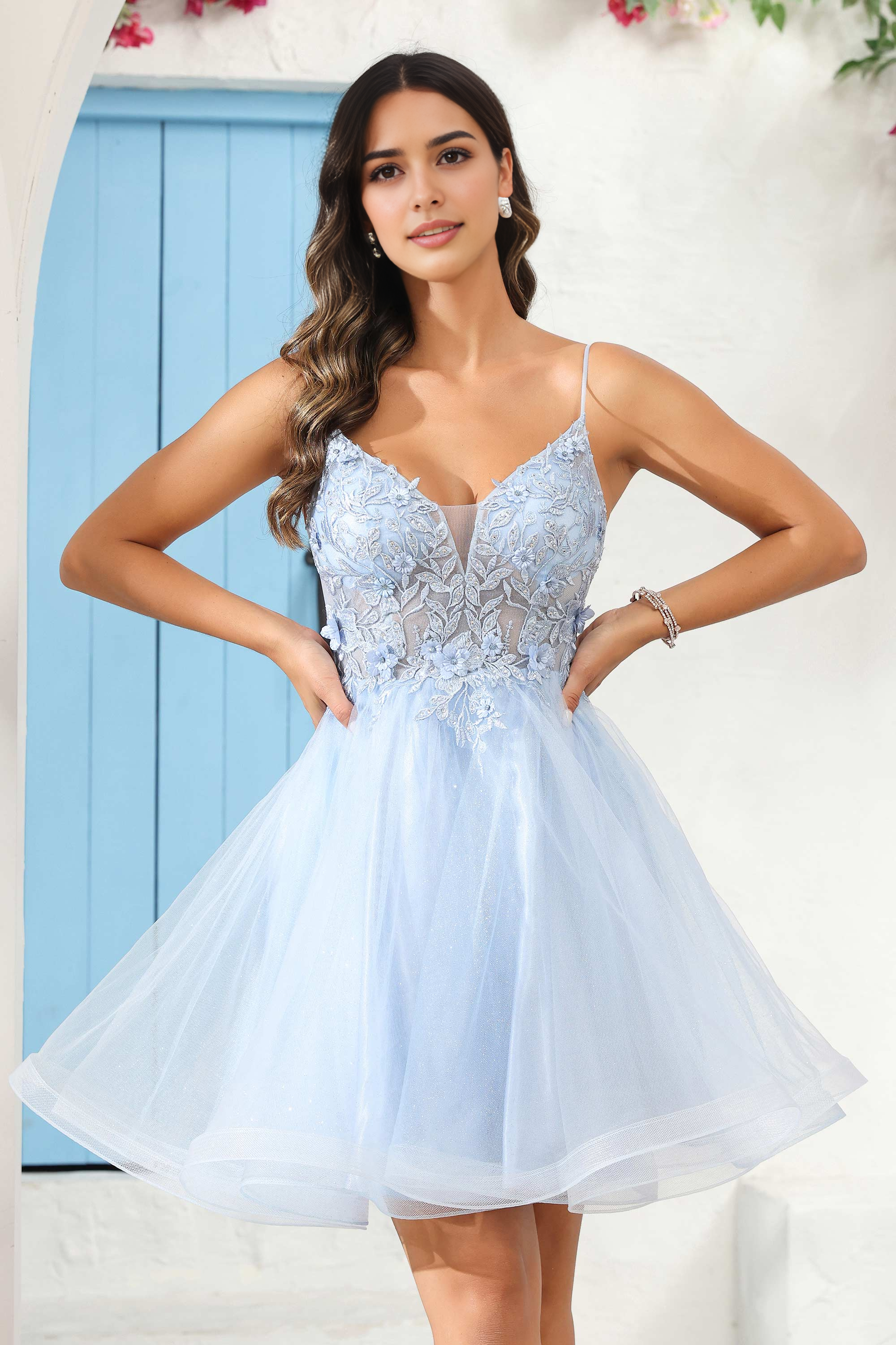 CNTNZ DRESS Exquisite A Line V Neck Spaghetti Straps Backless See-through Applique Mini Dress Hot Sale Homecoming Dress