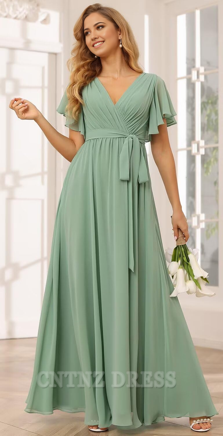 Wholesa A-line V Neck Chiffon Flutter Sleeve formal dresses Bridesmaid Dresses evening gown Prom Dress