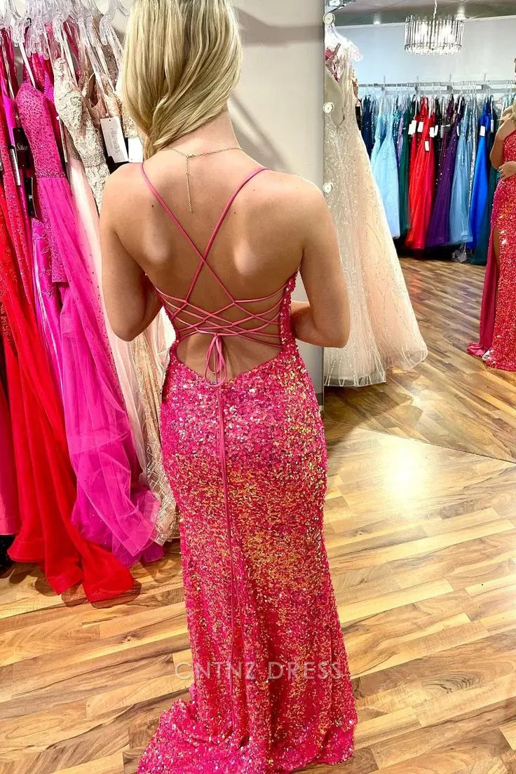 Wholesa Mermaid Lace-Up Back Scoop Neck Hot Pink Long formal dresses Bridesmaid Dresses evening gown Prom Dress with Slit