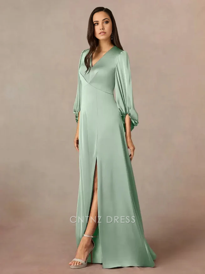 Wholesa A-Line V-Neck 3/4 Length Sleeves Pleated Floor-Length Wedding Guest Dresses Mother of the Bride Dresse
