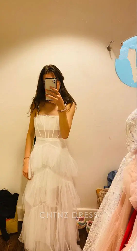 Wholesa A-line Elegant White Multi-layered Tulle formal dresses Bridesmaid Dresses evening gown Prom Dress