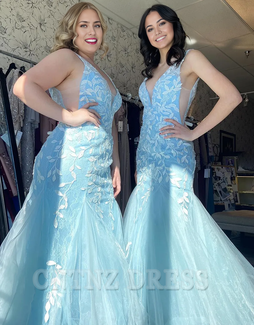 Wholesa plus size Mermaid Sparkly V Neck Tulle Long Blue formal dresses Bridesmaid Dresses evening gown Prom Dress with Appliques