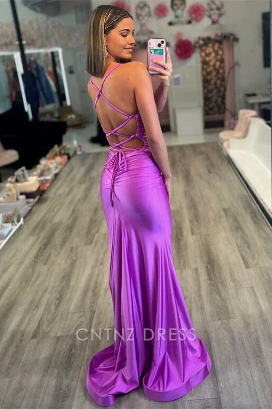 Wholesa Mermaid Sexy V-Neck Lace-Up Back Purple Long formal dresses Bridesmaid Dresses evening gown Prom Dress