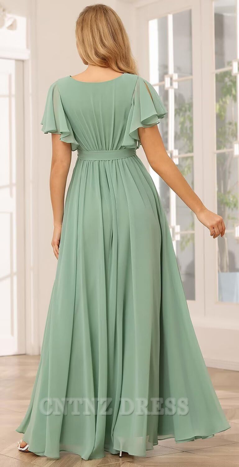 Wholesa A-line V Neck Chiffon Flutter Sleeve formal dresses Bridesmaid Dresses evening gown Prom Dress