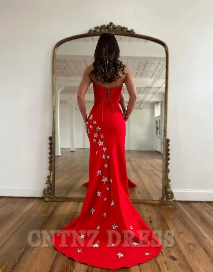 Wholesa Sheath Strapless Long formal dresses evening gown Prom Dress With Pentagrams