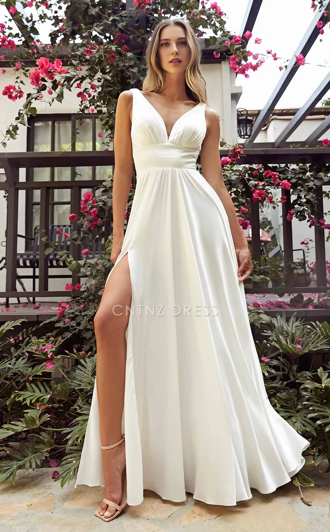 CNTNZ DRESS A Line Deep V Neck Sleeveless Ruched Side Fork Backless Elegant Fashion Hot Sale Wedding Dress