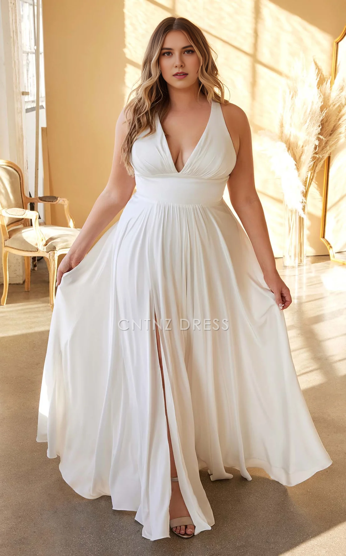 CNTNZ DRESS A Line Deep V Neck Sleeveless Ruched Side Fork Backless Elegant Fashion Hot Sale Wedding Dress