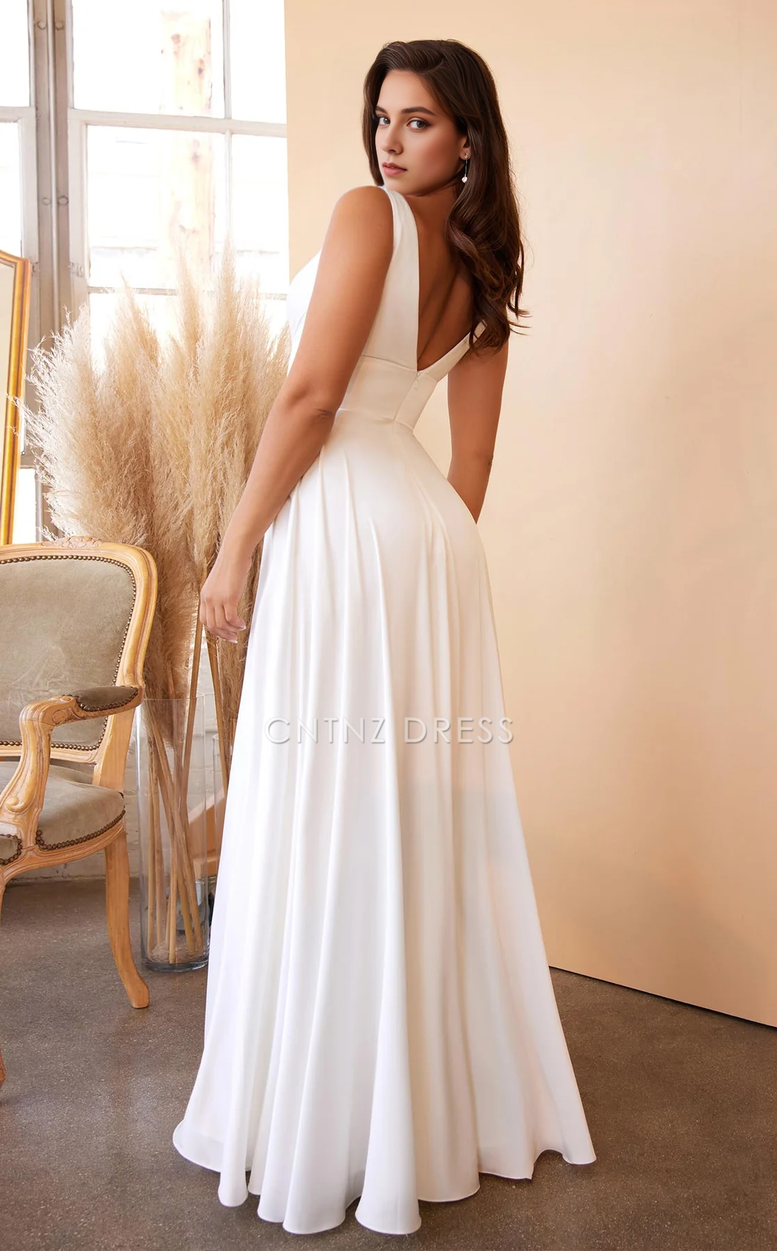 CNTNZ DRESS A Line Deep V Neck Sleeveless Ruched Side Fork Backless Elegant Fashion Hot Sale Wedding Dress