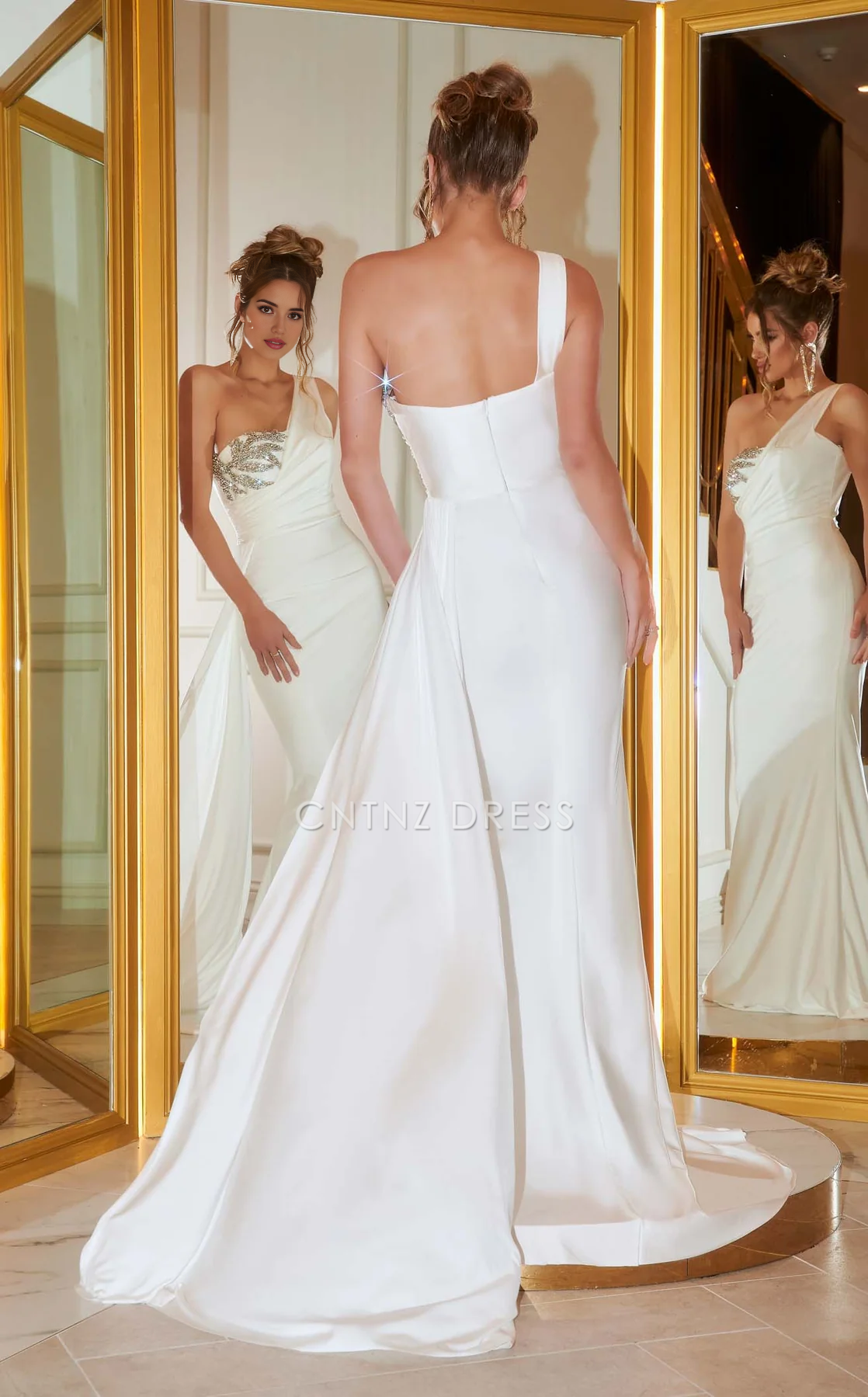 CNTNZ DRESS Mermaid One-Shoulder Sleeveless Asymmetric Neckline Beadwork Ruched Bodice Fashion Hot Sale Wedding Dress