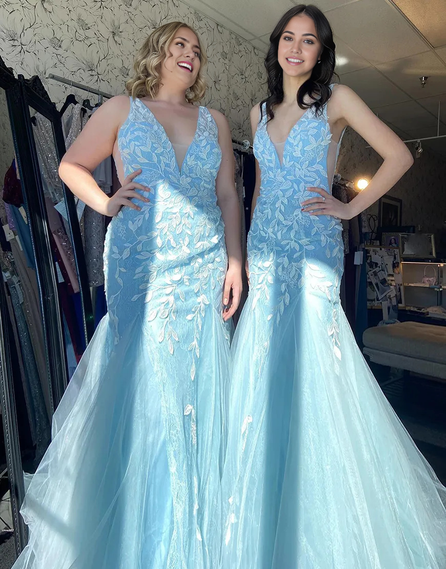 Wholesa plus size Mermaid Sparkly V Neck Tulle Long Blue formal dresses Bridesmaid Dresses evening gown Prom Dress with Appliques