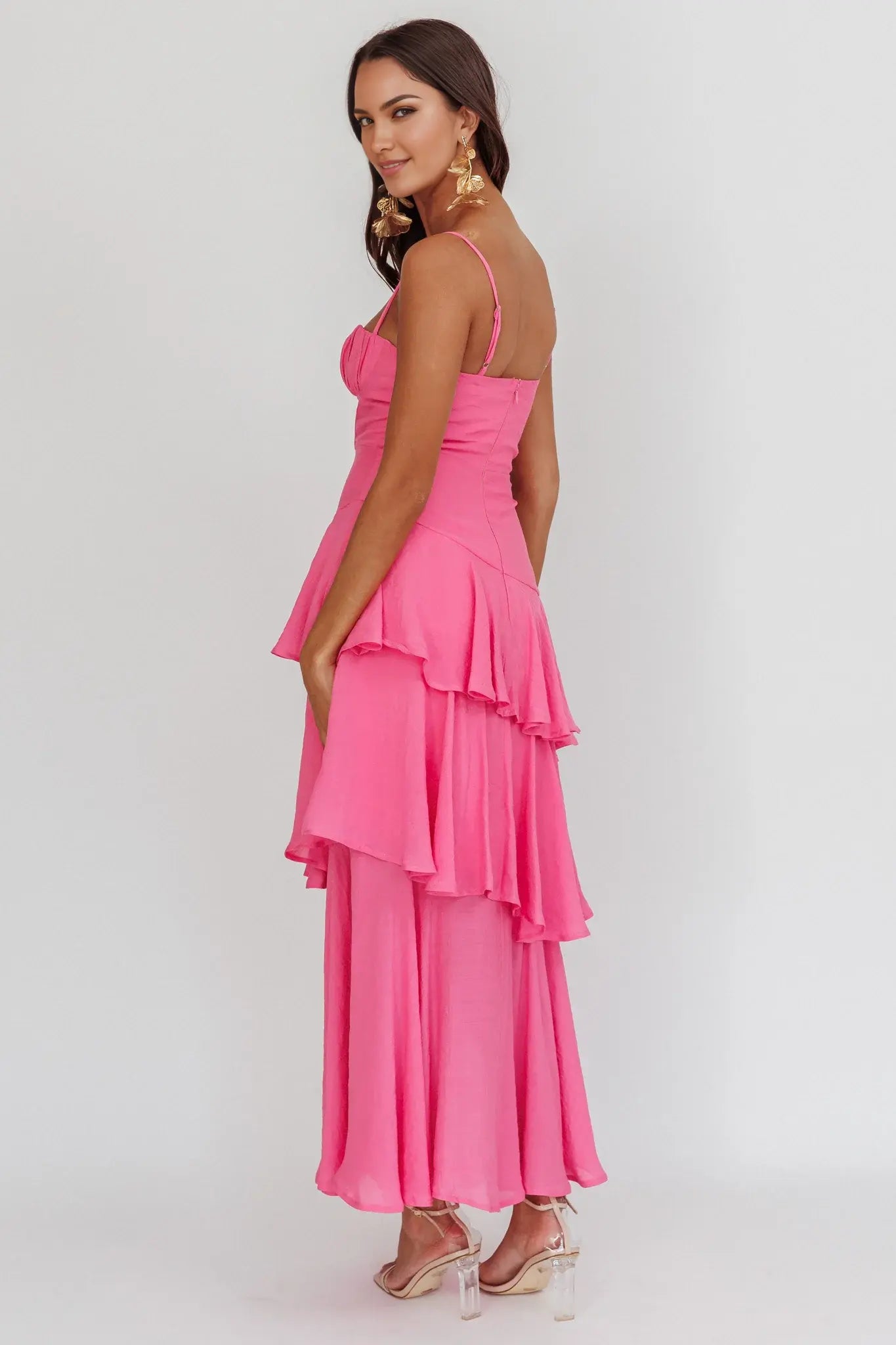 Exquisite A Line Adjustable Spaghetti Strap Sweetheart Neckline Tiered Ruffle Pink Discount Long Wedding Guest Dress Hot Sale Prom Dress