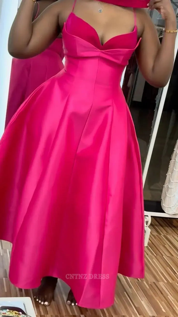 Wholesa A line Vintage Spaghetti Straps Hot Pink Satin Ankle Length formal dresses Bridesmaid Dresses evening gown Prom Dress