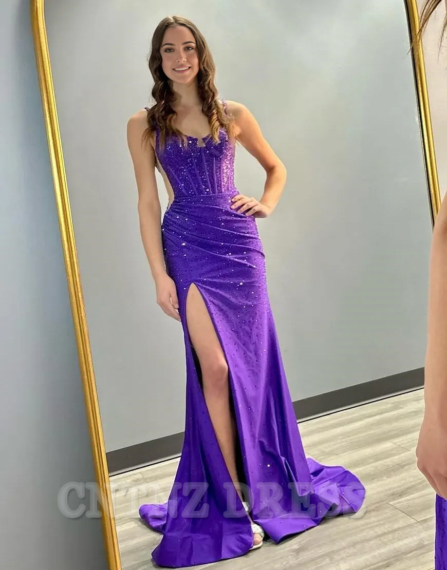 Wholesa Mermaid Sparkly Violet Beaded Corset Spaghetti Straps Long formal dresses evening gown Prom Dress with Slit