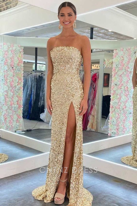 Wholesa Mermaid Sequin Strapless Backless Gold formal dresses Bridesmaid Dresses evening gown Prom Dress