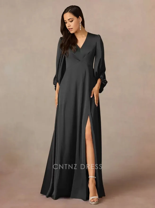 Wholesa A-Line V-Neck 3/4 Length Sleeves Pleated Floor-Length Wedding Guest Dresses Mother of the Bride Dresse