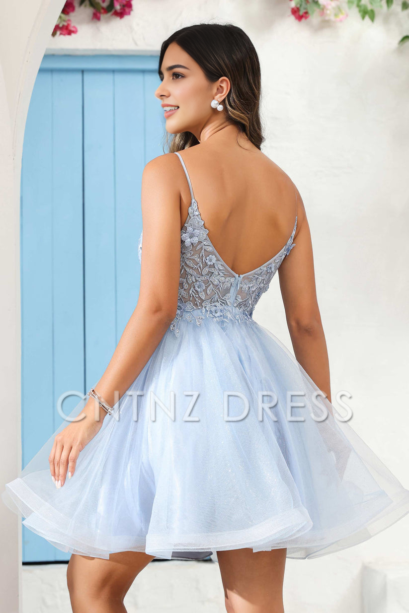 CNTNZ DRESS Exquisite A Line V Neck Spaghetti Straps Backless See-through Applique Mini Dress Hot Sale Homecoming Dress