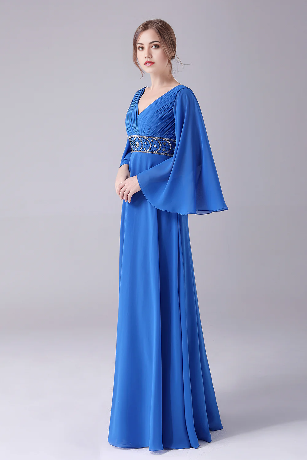 Wholesa A-Line V-Neck Pleated Floor-Length Mother Of the Bride Dress With Beading
