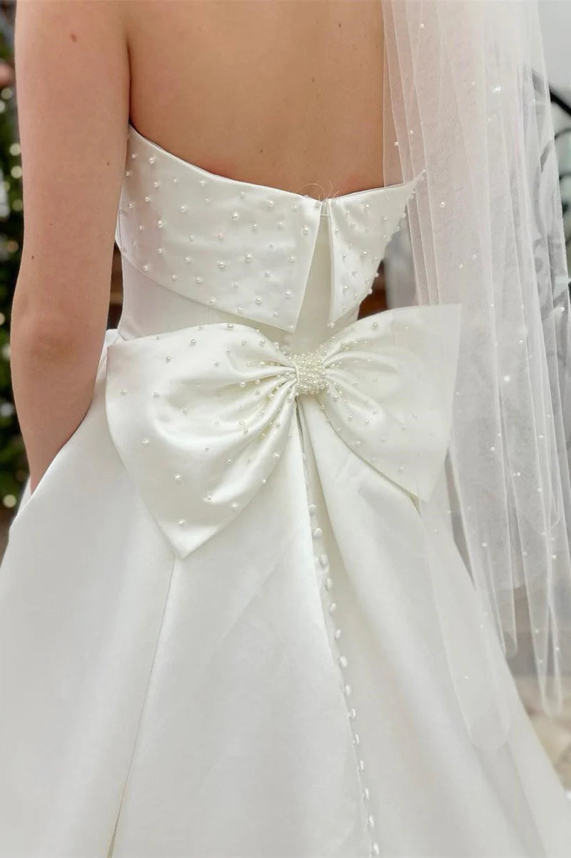 Wholesa A-Line Strapless Bow-Back Pearls Wedding Dress