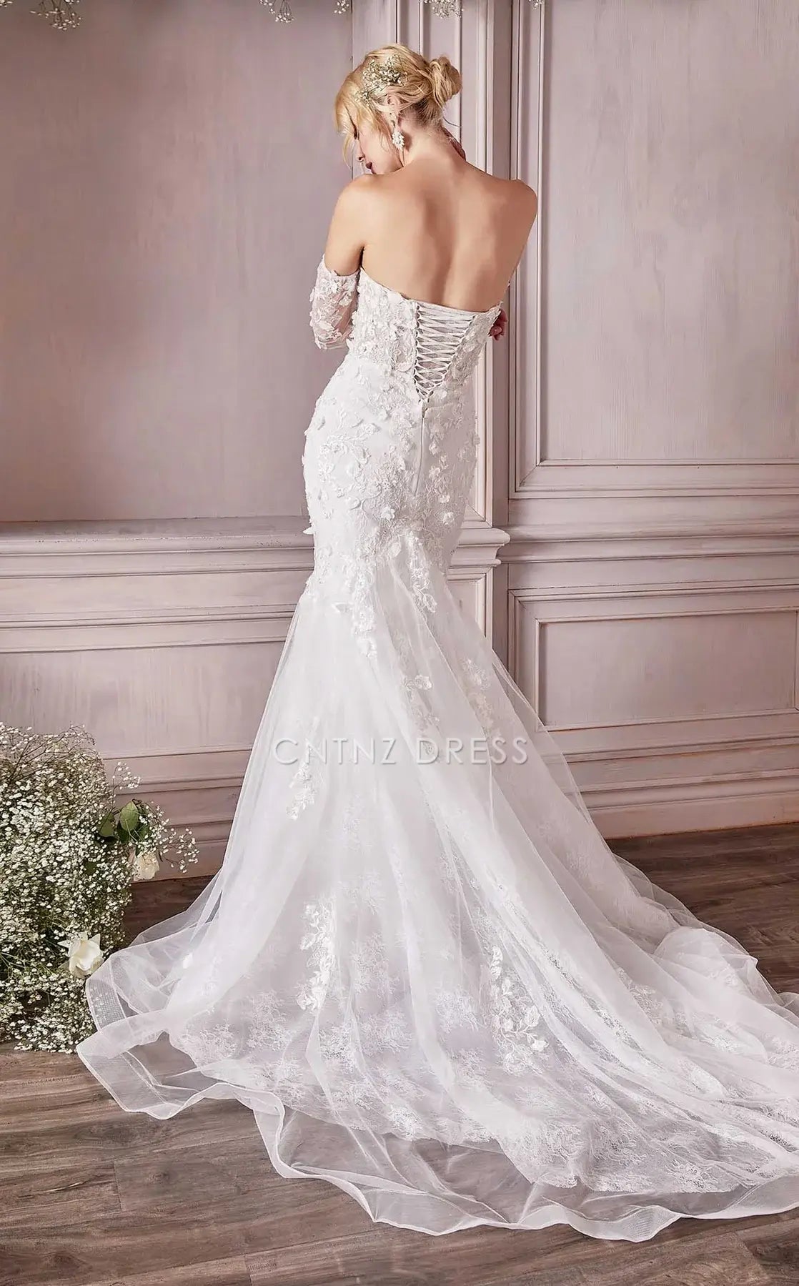 CNTNZ DRESS Gorgeous Mermaid Strapless Cutout Neckline Long Sleeves Backless Exquisite Floral Hot Sale Wedding Dress
